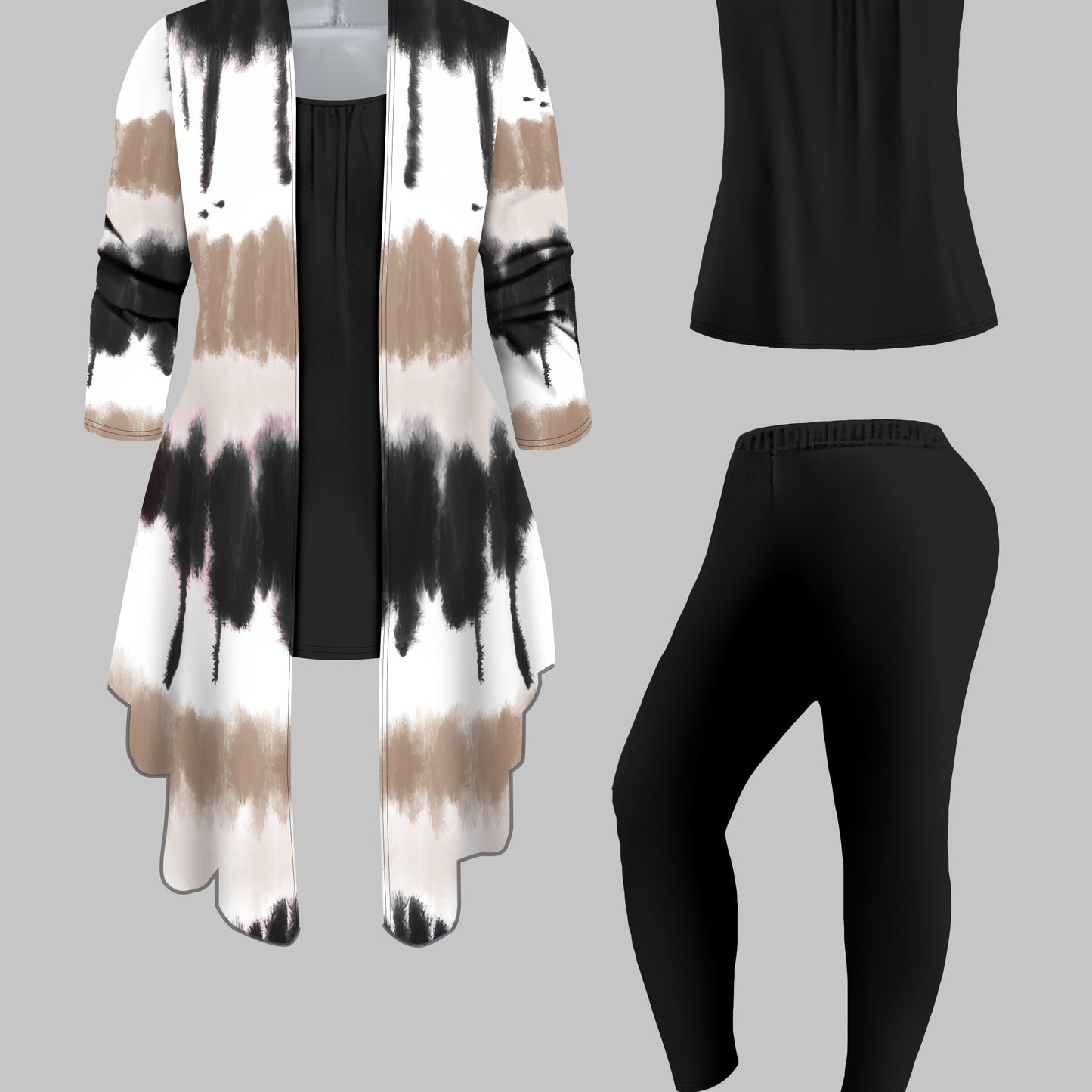 Three-Piece Plus Size Tie Dye Open Front Top & Solid Color Cami Top & Elastic Waist Pants Outfits, Women's Casual Clothing Set Good Vibrations