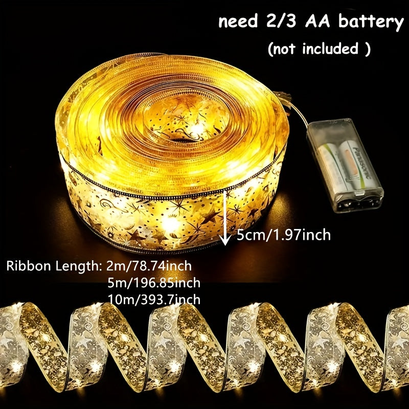 78.74/196.85/393.7inch Golden And Silver Christmas Ribbon Fairy Lights, With Ribbon Bows And Butterfly Decorations, For Garden Home, Living Room, Halloween, Christmas, Wedding Decoration, Christmas Tree Decoration, Novel Ligh Good Vibrations