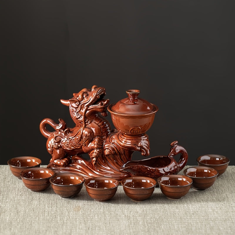 1 Set Lazy Tea Set, Magnetic Water Diversion Rotating Gaiwan, Tea Maker, Automatic Brave Troops Retro Teapot, Tea Cups, Cover Bowl, Rectangular Tea Tray, Chinese Kung Fu Tea Set, For Home Living Room Office, Gift Good Vibrations