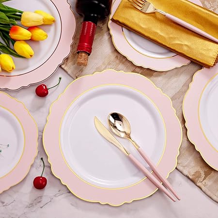 30Guest Pink Plates Disposable - Hign-End Baroque Design - Gold Plastic Silverware With Handle-Baroque Pink &Gold Plastic Good Vibrations