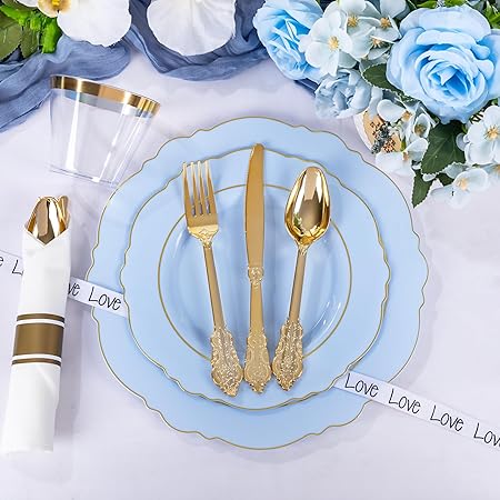 350Pcs Bule Plastic Plates - Disposable Bule And Gold Plates 50Guest Baroque Plastic Dinnerware Lude 100Plates, 50Pa Pre Rolled Good Vibrations