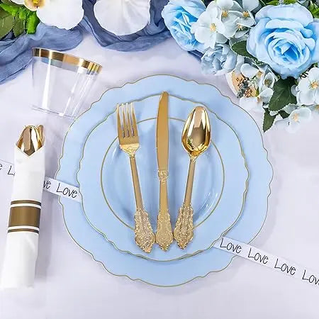350Pcs Bule Plastic Plates - Disposable Bule And Gold Plates 50Guest Baroque Plastic Dinnerware Lude 100Plates, 50Pa Pre Rolled Good Vibrations