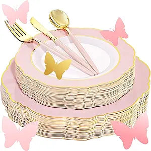 30Guest Pink Plates Disposable - Hign-End Baroque Design - Gold Plastic Silverware With Handle-Baroque Pink &Gold Plastic Good Vibrations