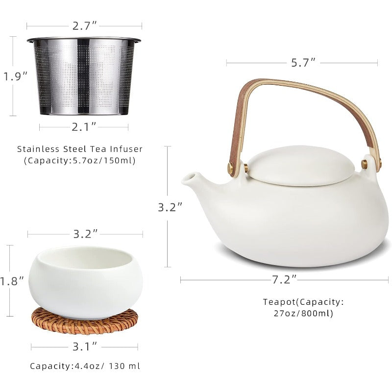 ZENS Modern Japanese Tea Set 27 oz Ceramic Japanese Teapot with Fine Stainers and 4 Cups for Loose Leaf Tea Steeper Wood Handle Matte Japanese Teapots Hot Tea Brewer for Tea Party Women Gifts Good Vibrations