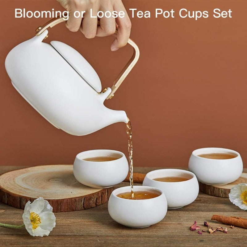 ZENS Modern Japanese Tea Set 27 oz Ceramic Japanese Teapot with Fine Stainers and 4 Cups for Loose Leaf Tea Steeper Wood Handle Matte Japanese Teapots Hot Tea Brewer for Tea Party Women Gifts Good Vibrations