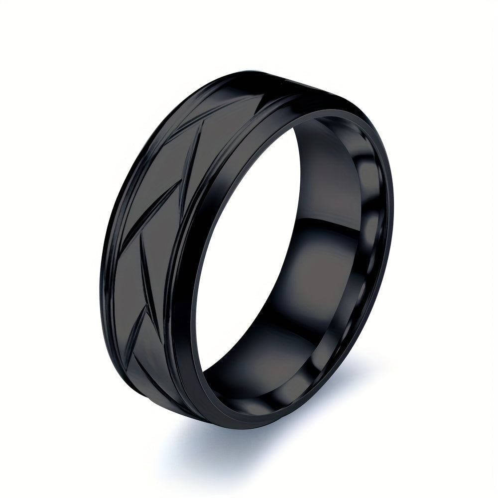 1pc 8MM Luxury High Quality Black Titanium Steel Ring Fashion Simple Men's Black Stainless Steel Wire Groove Tire Ring Artificial Jewelry Lover Gift Good Vibrations