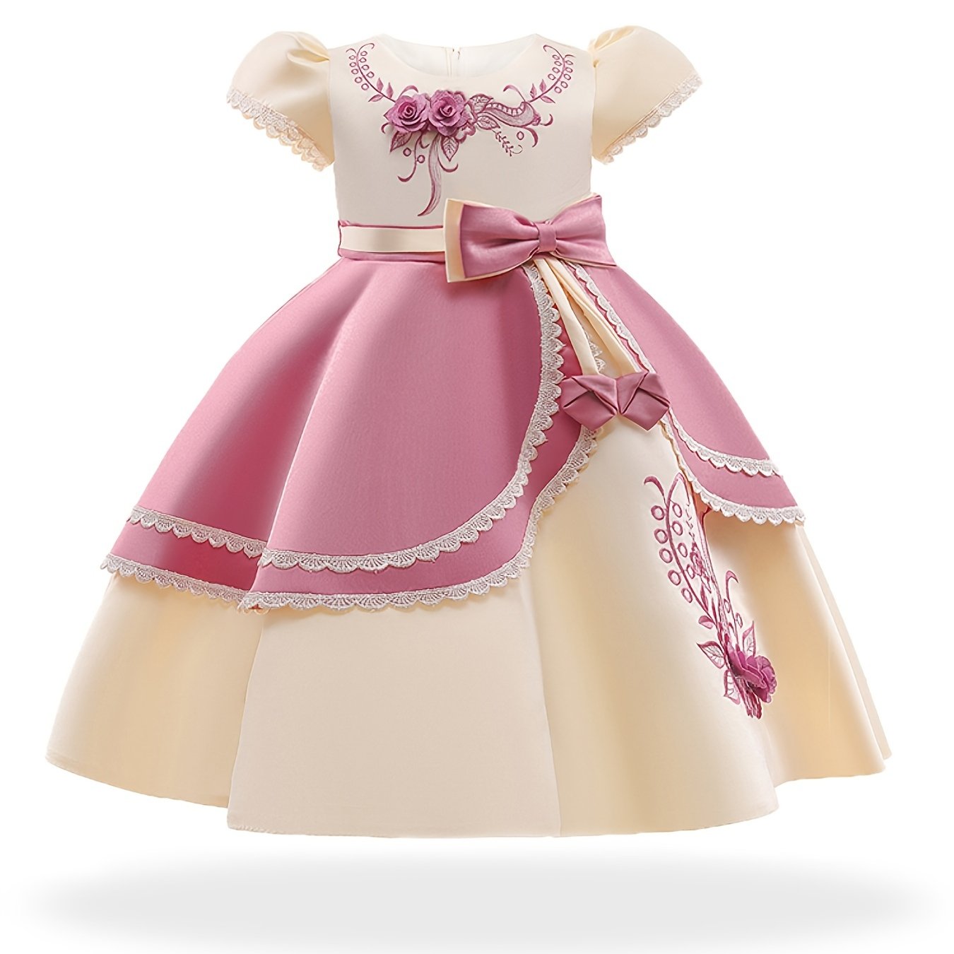 Girls Princess Dress Short Sleeve Embroidered Flower Bow Lace Dress Performance Dress Wedding Flower Girls For Evening Birthday Party Kids Clothes Good Vibrations