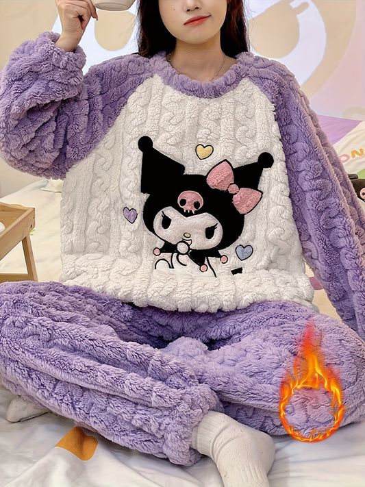 Autumn And Winter New Women'S Pajamas Sanrio Cute for kuromi Embroidered Pattern Home Wear Long Sleeve And Pants Casual Warm Fleece Soft Color Block Comfortable Set, Pajamas For Women, Pajamas For Women Plus Size, Pajamas For Good Vibrations