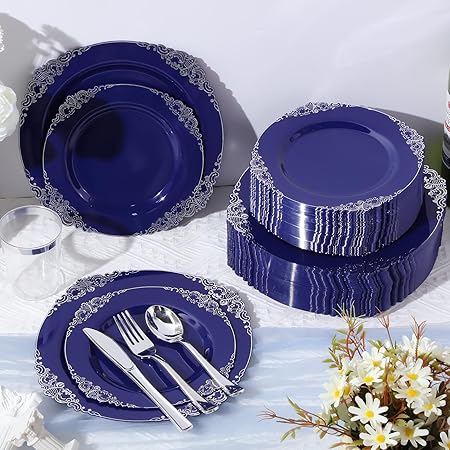 300 Pcs Navy Blue Plastic Plates Heavy Duty Blue And Silver Disposable Dinnerware, Lude 50 10. 2"" Dinner Plates, 50 7. Good Vibrations