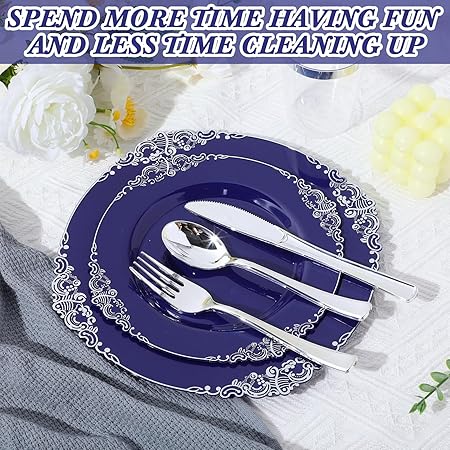 300 Pcs Navy Blue Plastic Plates Heavy Duty Blue And Silver Disposable Dinnerware, Lude 50 10. 2"" Dinner Plates, 50 7. Good Vibrations