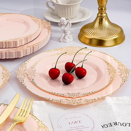 350 Pcs Pink And Gold Plastic Plates, Plastic Dinnerware Set For 50 Guests, 100 Disposable Plates, 150 Silverwares, 50 Cups, 50 Good Vibrations