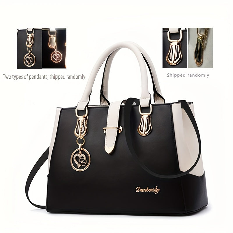 Women's Letter Detail Shoulder Bag, Elegant Double Handle Purse, Simple Large Handbag For Work Good Vibrations