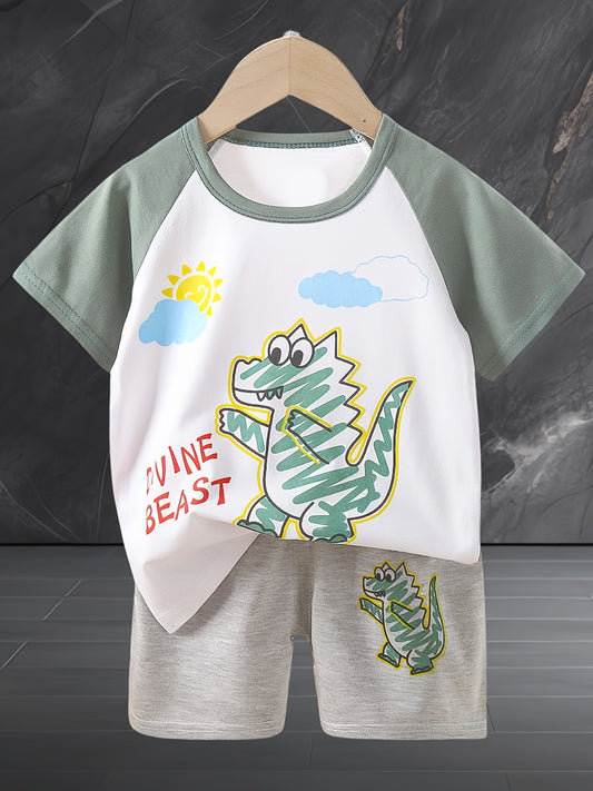 4sets Children's Dinosaur Series Casual Clothing Set For Boys Top Baby Comfortable Short Sleeved Shorts Set Good Vibrations