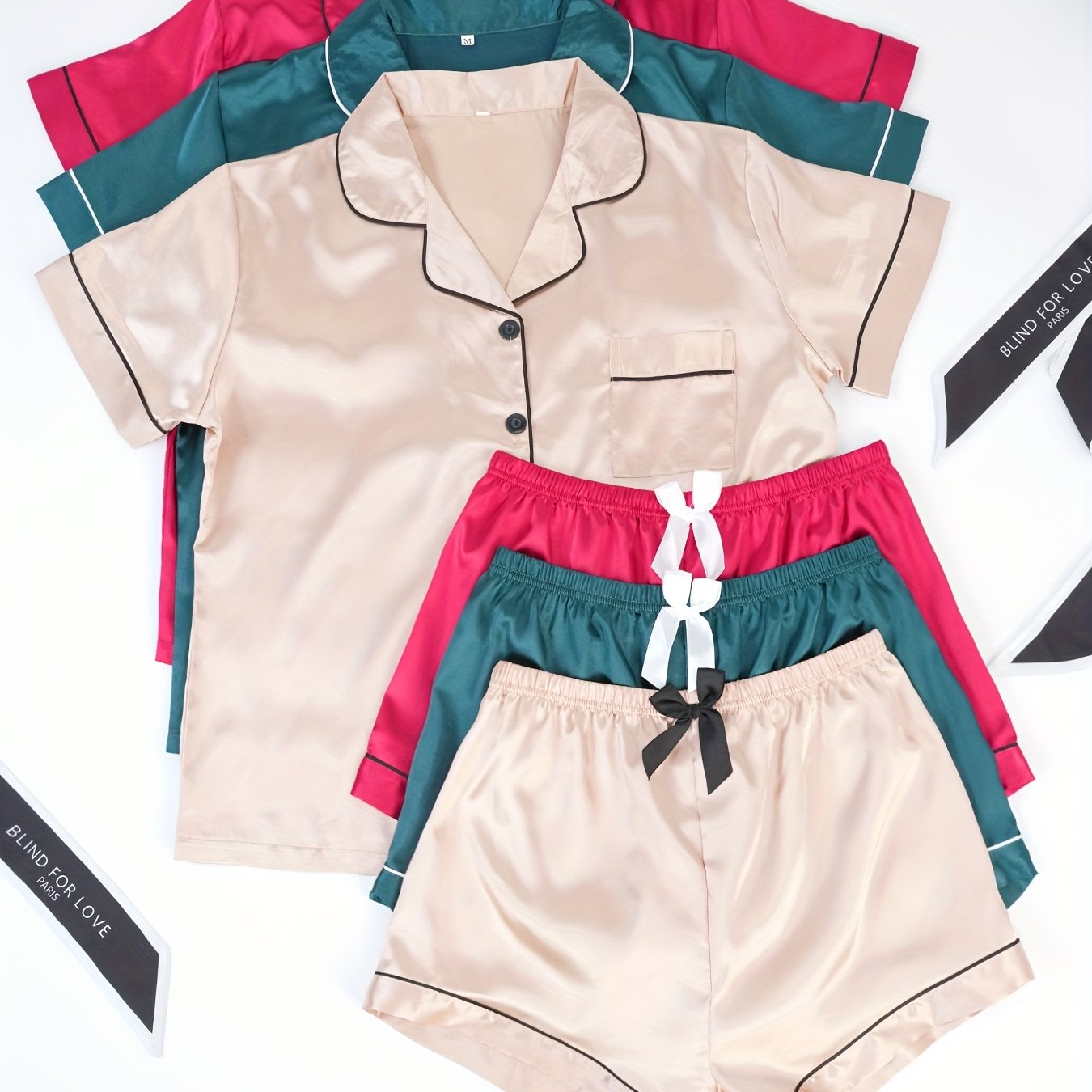 Three Sets of Satin Outfits. Short-Sleeved Collared Tops And Elastic Waistband Shorts, Suitable for Women'S Sleepwear And Loungewear, Women Short And Top Set, Short And Top Set Women, Women Short Set, Loungewear Women Set, Sh Good Vibrations