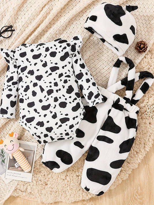 2pcs Baby's Adorable Cow Pattern Ruffled Bodysuit + Hat + Jumpsuit, Toddler & Infant Girl's Clothing Set For Spring Fall Good Vibrations