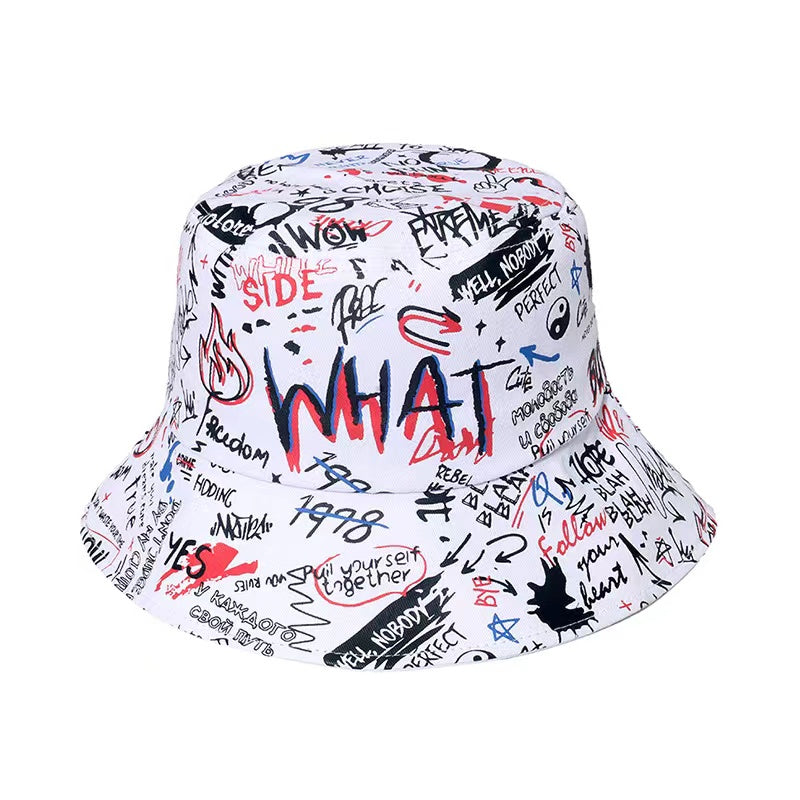 1 Men's "What" Graffiti-Style Bucket Hat - Streetwear Polyester, Hand-Washable, Black with Colorful Typography & Graphics, Perfect for Trendy Outfits Good Vibrations