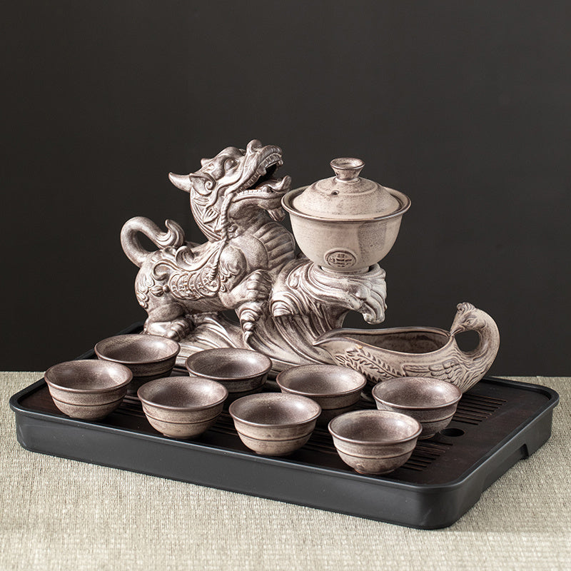 1 Set Lazy Tea Set, Magnetic Water Diversion Rotating Gaiwan, Tea Maker, Automatic Brave Troops Retro Teapot, Tea Cups, Cover Bowl, Rectangular Tea Tray, Chinese Kung Fu Tea Set, For Home Living Room Office, Gift Good Vibrations