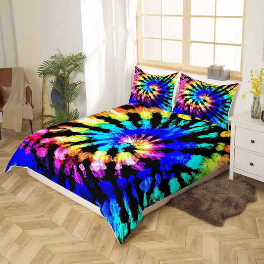 Erosebridal 3pcs Tie Dye Comforter Cover Set, Hippie Spiral Bedding Set Ethnic Boho Duvet Cover, Multi-color Swirl Tie Dyed Pattern Bed Set, Soft Bohemian Hippie Bedding Decor Fashion Quilt Cover for Bedroom (No Core) Good Vibrations