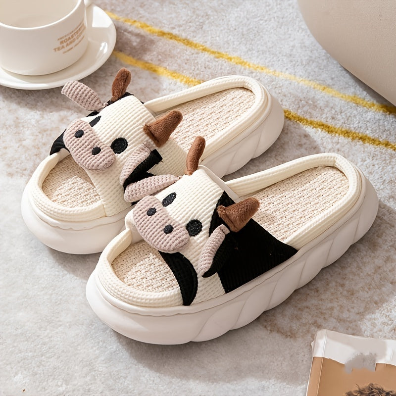 Women's Cartoon Cute Cow House Slippers, Platform Soft Sole Anti-slip Warm Plush Home Slides, Women's Indoor Cozy Shoes Good Vibrations