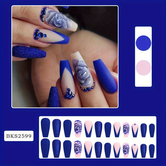 24-Piece Blue Flower Nail Tips Set with Ballet Shape, Middle Length, Glitter Pattern, Matte Finish, and Jelly Glue + Nail File - Press-On Ballet Nails with Floral Design and Glitter Accents Good Vibrations