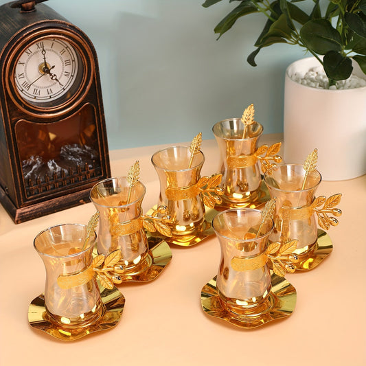 6 Sets Golden Vintage Teacups and Saucers - Handmade Turkish Tea Water Serving Set with European Style Design - Perfect for Breakfast, Tea Party, Afternoon Tea, Home, Garden, Restaurant, and as Gifts Good Vibrations