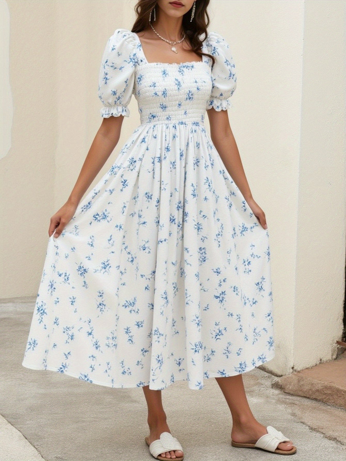 Elegant Spring/Summer Women's French Floral tea party dress - Square neck, Non-Stretch flared skirt for casual outing Good Vibrations