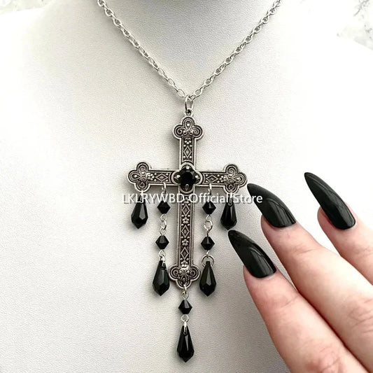 Large Cross Necklace,Goth Vampire Necklace,Gothic Cross,Gothic Silver Cross,Gothic Drop Necklace,Cross Choker,Gothic Necklace Good Vibrations