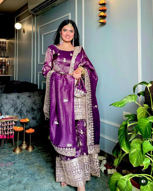 Heavy Embroidery Sequence Work Fancy Design Women Set Chinon Silk Heavy Sequence Embroidery Work Top and Sharara Dupatta Good Vibrations
