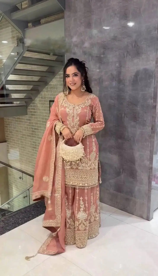 Chinon Silk Heavy Sequence Embroidery Work Top and Sharara With Lace Border Dupatta Fancy Embroidery Design Women Set Good Vibrations