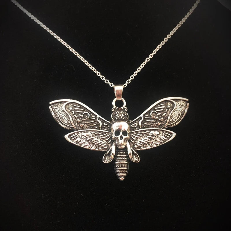 Death Moth Necklace Pendant 18inch Chain Sugar Skull Gothic Butterfly Rock Emo Goth Silver Color 18inch Strong Chain Good Vibrations