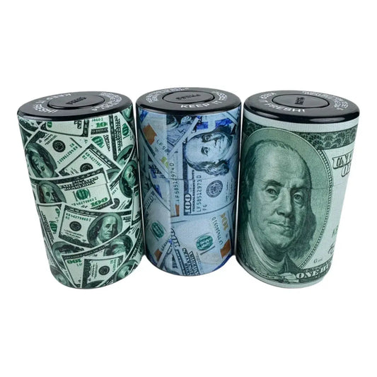 Vacuum sealed herb stash jar with money-themed design, airtight and smell-proof.