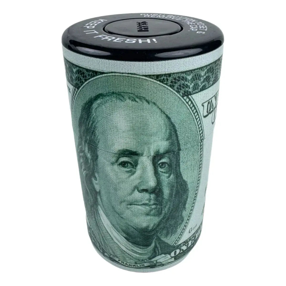 Vacuum sealed herb stash jar with airtight, smell-proof design and graphic exterior featuring currency theme.