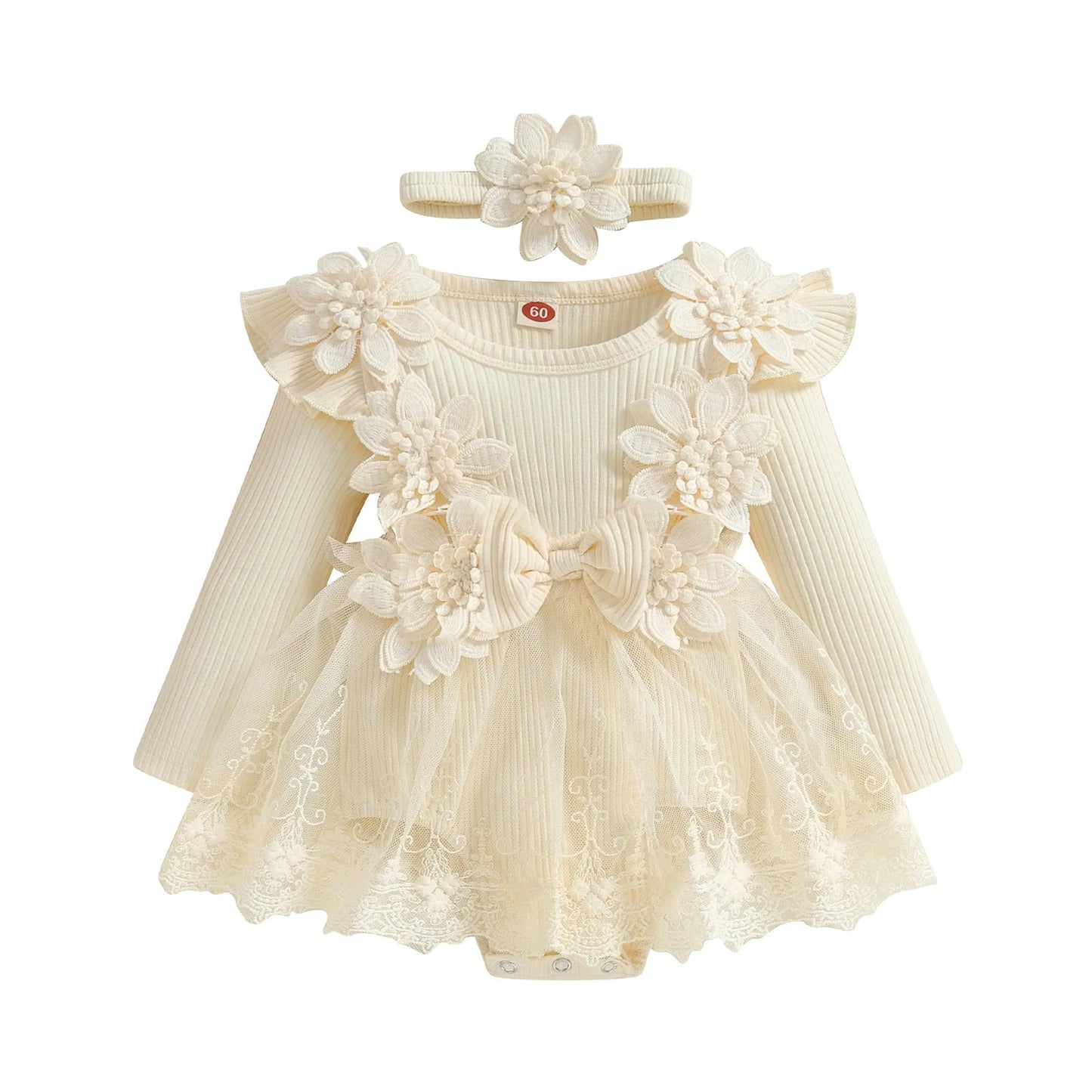 3D Flower Summer Baby Girls Romper Princess Mesh Newborn Clothes Lace Patchwork Ruffle Bodysuit Dress Headband Kids Clothing Good Vibrations
