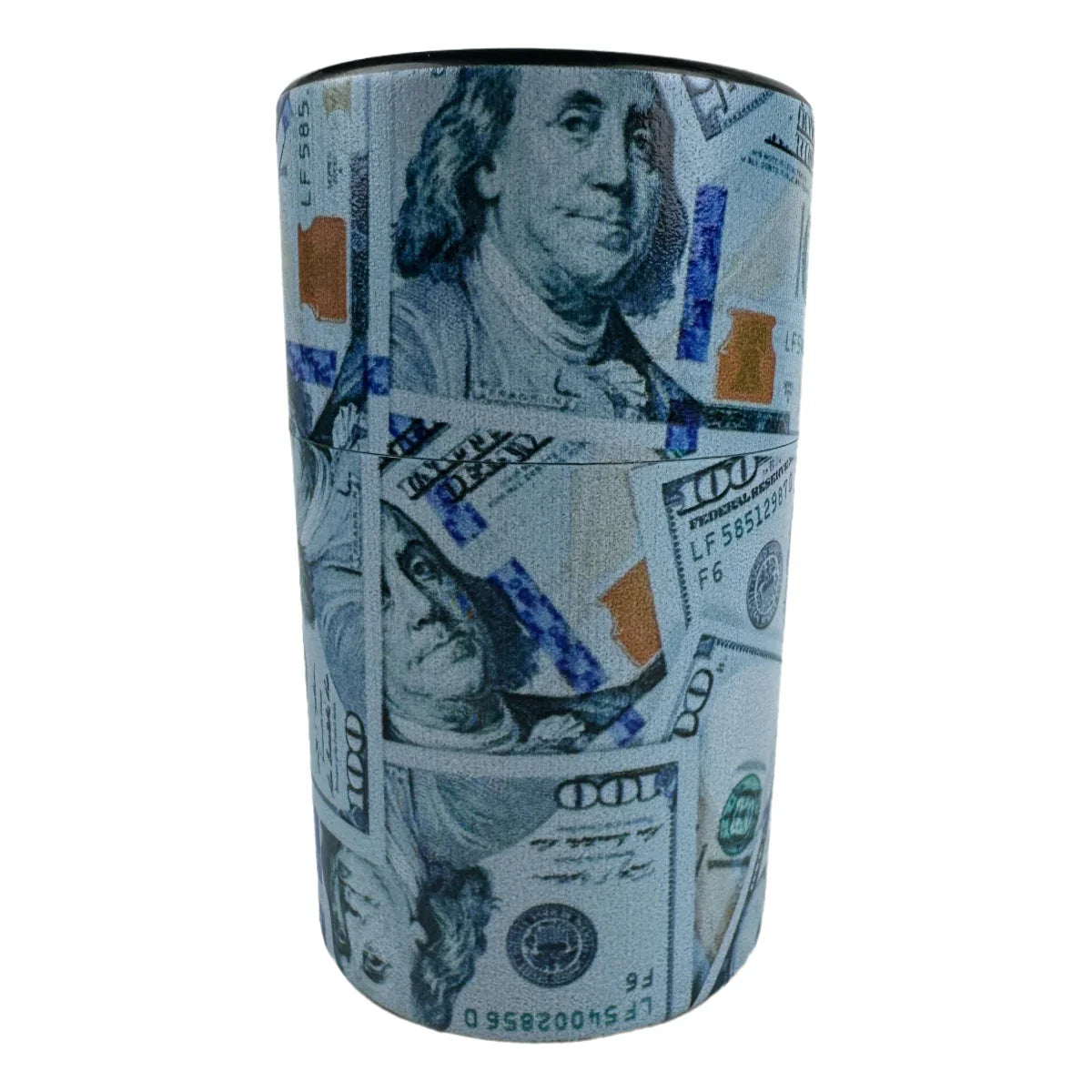 Vacuum sealed herb stash jar with money print design, airtight and smell proof.