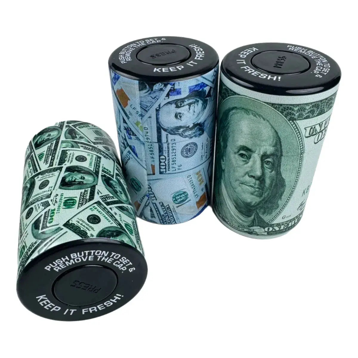 Vacuum sealed herb stash jar container with dollar bill design, airtight and smell proof.