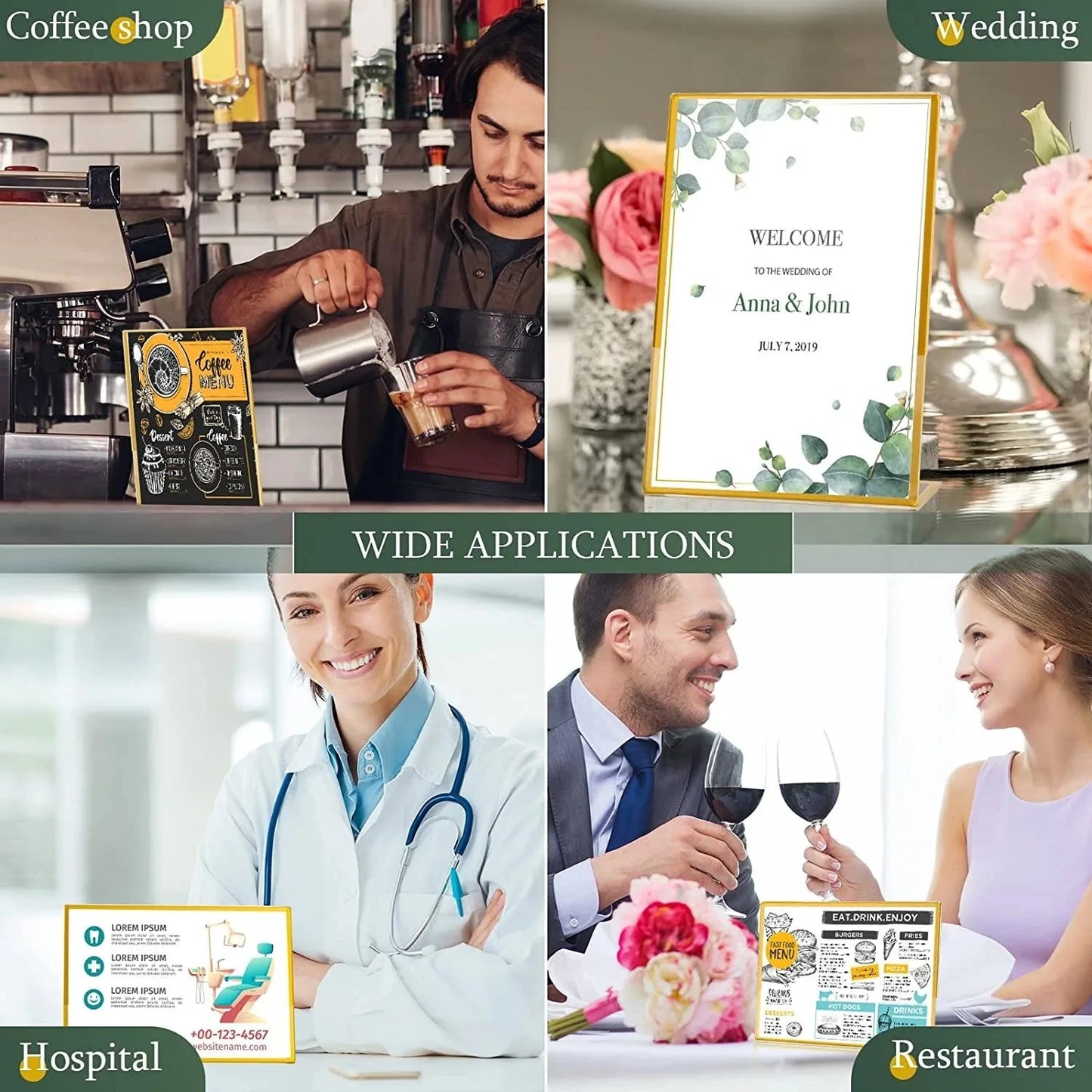 Gold Borders Acrylic Sign Holder Picture Frame Display Stand Clear Paper Holder Table Menu Stands for Wedding Office Restaurant Good Vibrations