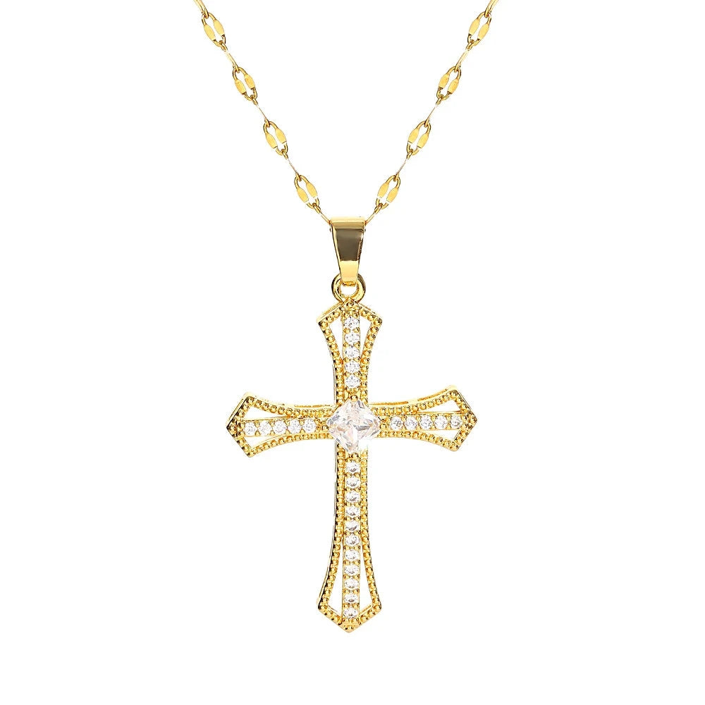 Religious Cross Necklace For Women Men Stainless Steel Chain Necklaces Christian Pendant Collar Pray Baptism Christmas Gift Good Vibrations
