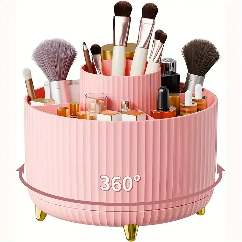360° Rotating Makeup Organizer Makeup Holder Cosmetic Storage with 5 Compartments Multi-Functional Holder for Brushes Pen Good Vibrations