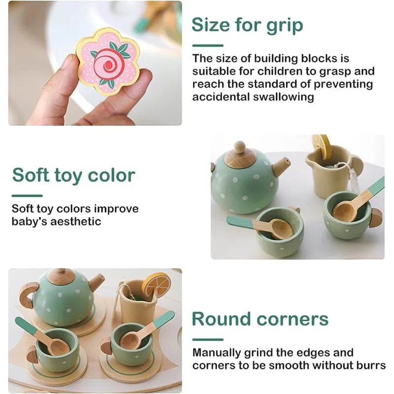 Wooden Afternoon Tea Set Toy Pretend Play Food Learning Role Play Game Early Educational Toys for Toddlers Girls Boys Kids Gifts Good Vibrations