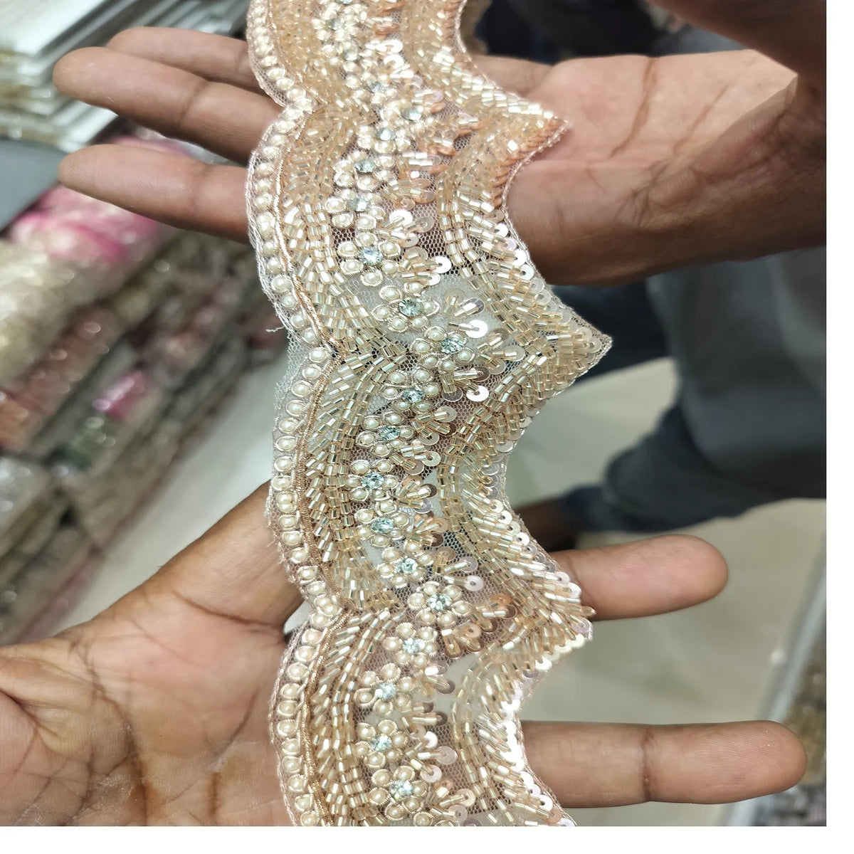 Custom made in scalloping pattern with pearl work machine embroidered laces in various designs and colours for wedding dresses Good Vibrations