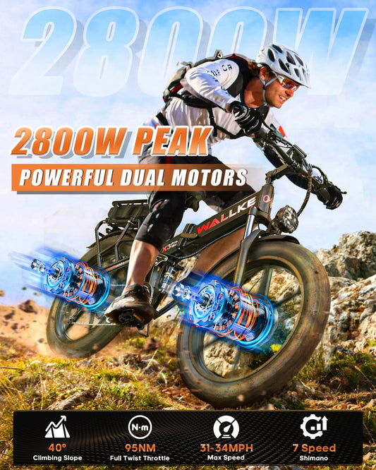 W Wallke X3 Electric Bike 2800W Peak Dual Motor 44Ah/22Ah Long Range E-Bike 26" X 4" Fat Tire 31MPH Fast Adult Ebike UL2849 Good Vibrations