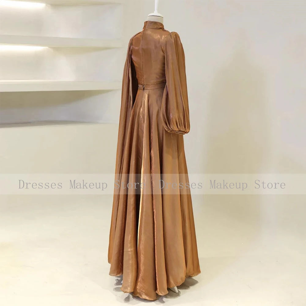 Modest Evening Dresses for Women 2025 High Collar Puffy Long Sleeves Evening Gowns Long Pleated A Line Saudi Arabian Formal Gown Good Vibrations