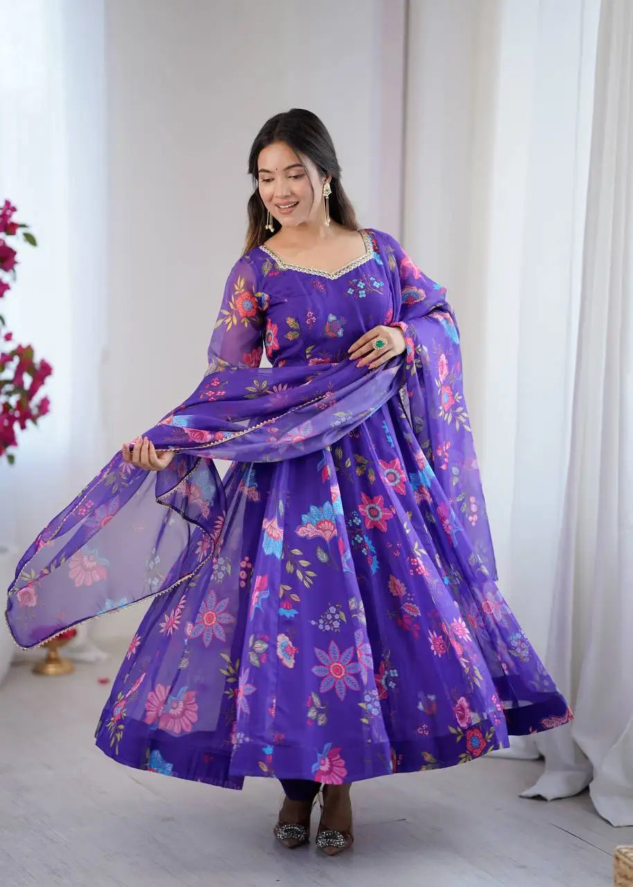 Floral Print Georgette Silk Gown with Lace Touch Wedding Dresses Collection Including Dupatta Good Vibrations