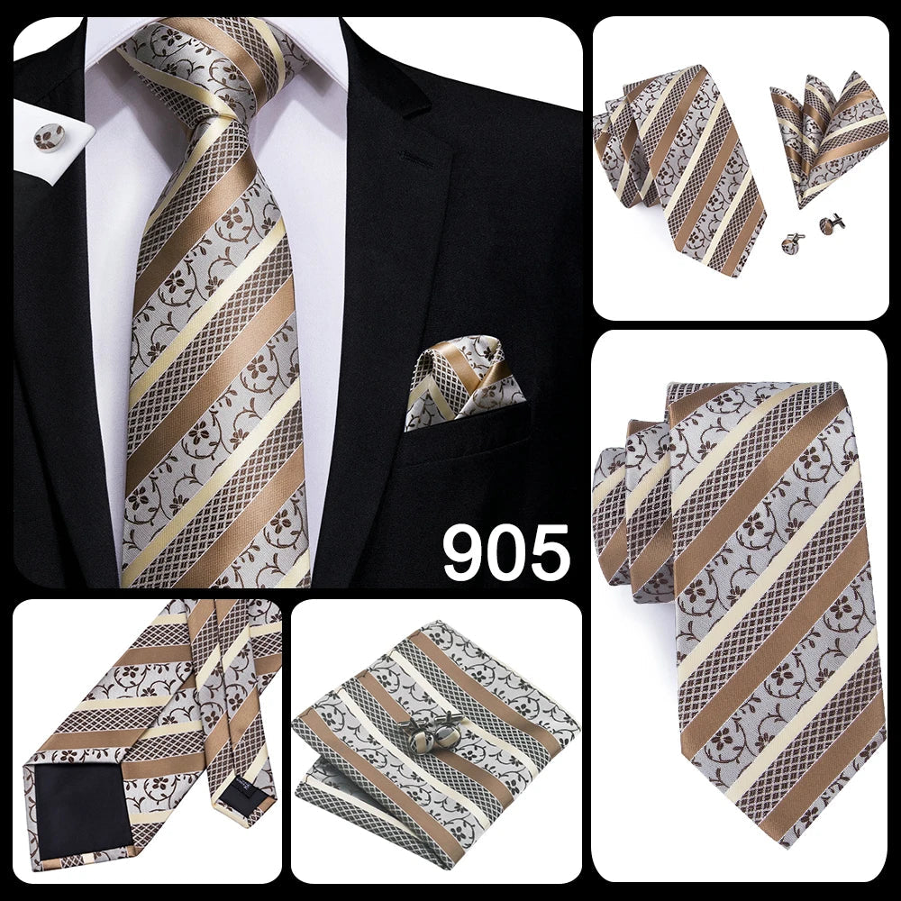 Hi-Tie Champagne Gold Striped Paisley Solid Men Silk Wedding Tie Fashion Design Necktie For Men Hanky Cufflink Business Party Good Vibrations