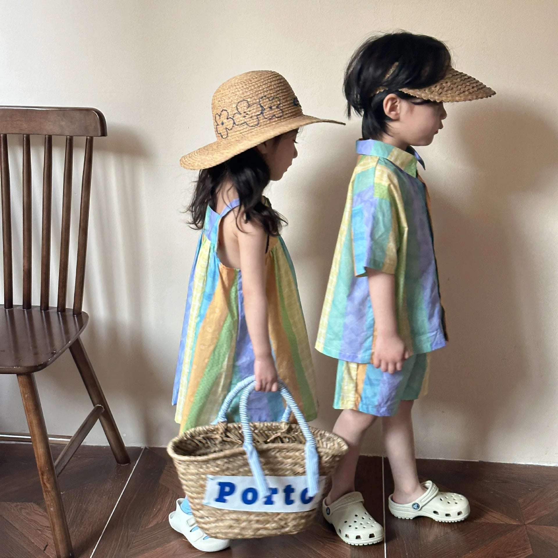 Children's Summer Set Boys Cotton 2024 New Baby Summer Dress Western Style Girls Dress Sister and Brother Good Vibrations