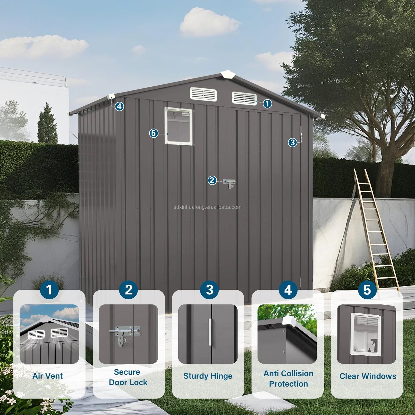 6*3.5FT Free Ship Instock Warehouse Metal Outdoor Storage Shed with Pitched Roof Waterproof with Front Window and Hinged Door Good Vibrations