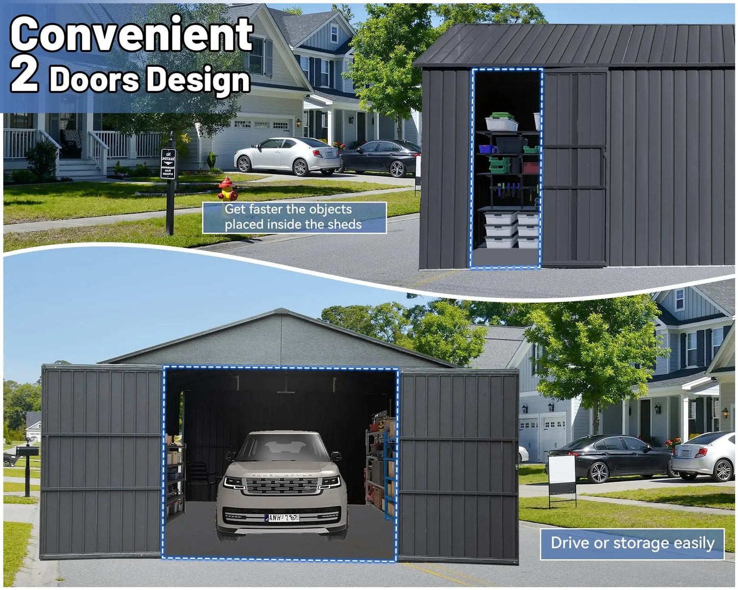 12x15 FT Outdoor Heavy Duty Metal Garage Shed Lockable Double Hinged Doors Extra Large Carport for Cars Trucks Lawn Equipment Good Vibrations