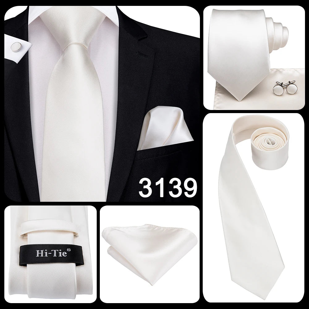 Men's Ties White Sliver Hanky Cufflinks Set Silk Neck ties For Men Wedding Party Business Mens Tie 2022 New Fashion Brand Hi-Tie Good Vibrations
