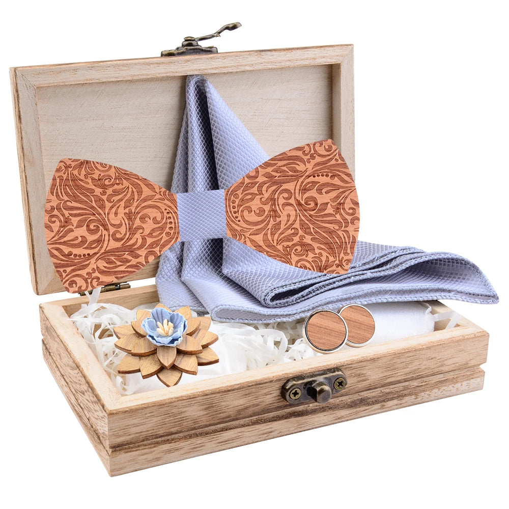 2020 Design Craved Floral Wooden Wood Bow Tit Set Navy Red Plaid Silk Pocket Square Cufflinks Broocn Bowtie Set For Mens Wedding