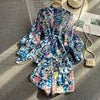 Women Set Lantern Sleeve Stand-Up Collar Shirt Female High-Waisted Wide Leg Shorts Two Piece Set Good Vibrations